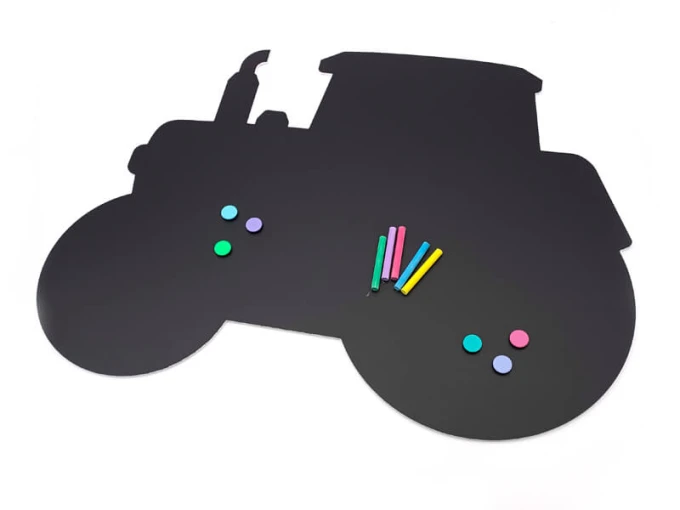 Chalkboard magnetic board for kids, tractor design with round wheels and colorful accents.