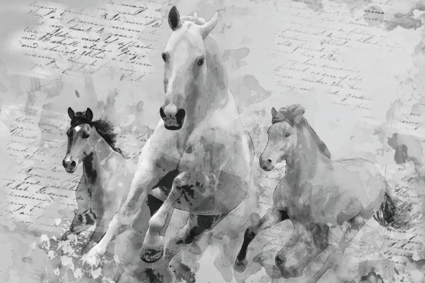 Wall mural galloping horses FP 6480 - Graphic design featuring three horses in motion against a backdrop of old, textured leaves.