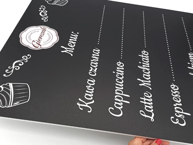 Custom chalkboard with 8mm PVC print - Graphic design. Black background with white text and cup illustrations.