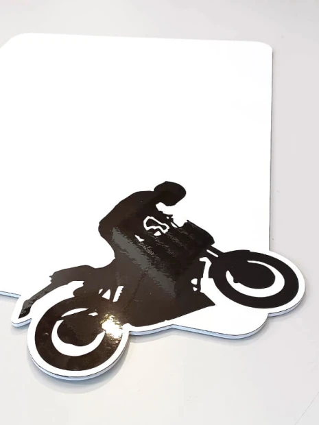 Magnetic dry-erase board with motocross print, reinforced with 5mm PVC backing, available in various sizes.