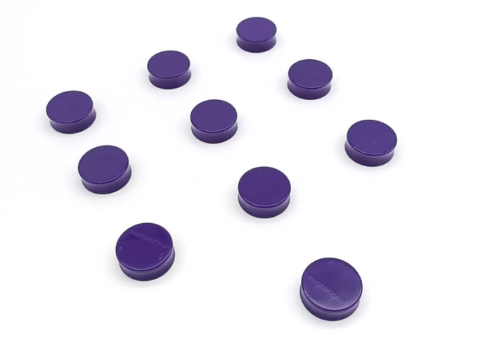 34x12.5mm magnets, 10 pcs in various colors - Graphic design. Round purple magnets arranged in neat rows.