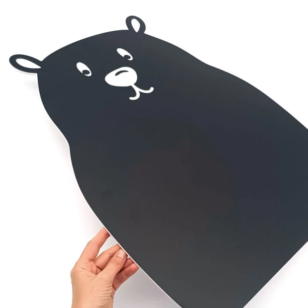 Chalkboard magnetic board for kids, bear design with ears and cut-out eyes.