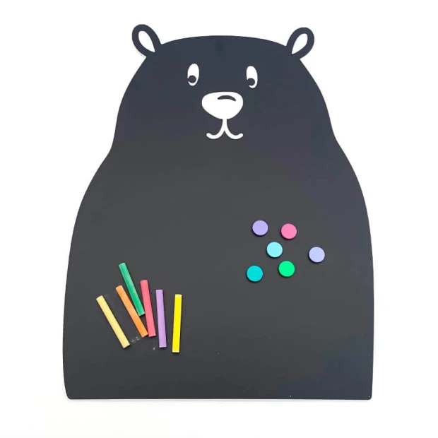 Chalkboard magnetic board for kids in bear shape with eyes, ears, and space for crayons.