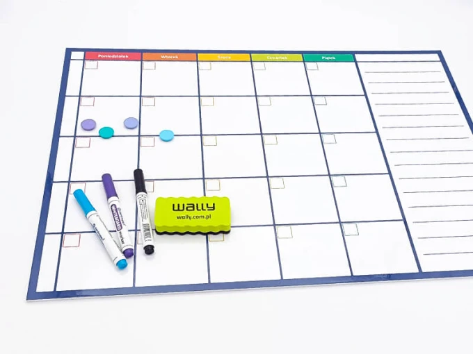Weekly dry-erase magnetic planner board 269 - Graphic design with a simple grid, colorful headers, and space for notes.
