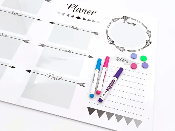 Magnetic dry-erase weekly planner board 406 - Features arrows, frames, and designated space for notes.