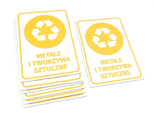 Recycling sign for bins - Graphic design. Yellow recycling icon on a white background.