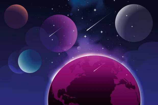 Children\'s room wallpaper Cosmos, planets 093 - Graphic design. Dark background with colorful planets and comets.