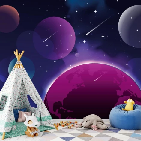 Cosmos wallpaper for kids\' room, featuring planets. Dark-colored walls with a thematic design.
