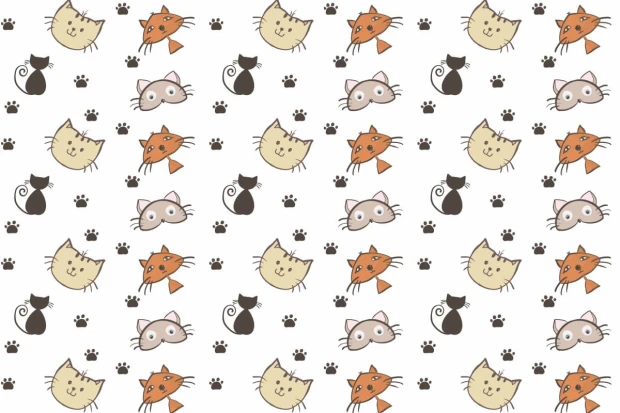 Kids\' room wallpaper Cats 087 - Graphic design with colorful cat illustrations and paw prints on a white background.