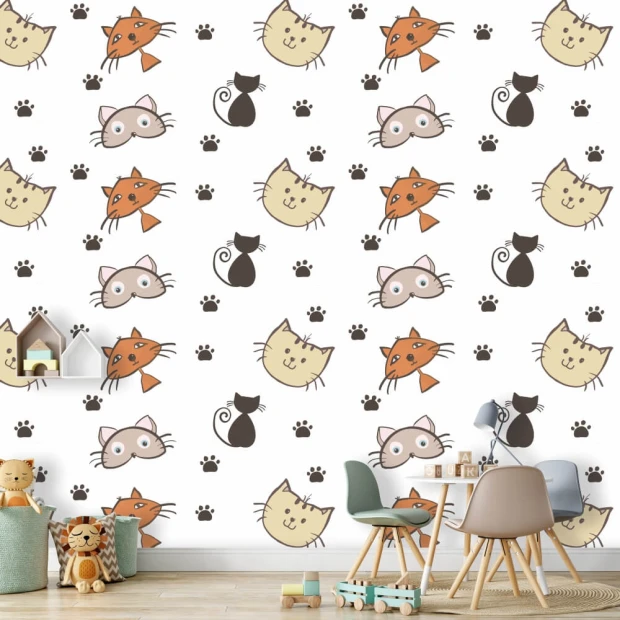Kids\' room wallpaper Cats 087 - Graphic design featuring colorful cat illustrations and paw prints.