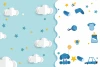 Children\'s room wallpaper Sky, toys 088 - Graphic design with clouds, stars, and toys on a blue background.
