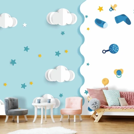 Sky-themed children\'s wallpaper with toys 088 - Blue and white wall decor for a child\'s room.