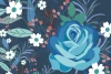 Floral Wallpaper 094 - Graphic design featuring a blue rose surrounded by white flowers and green leaves.