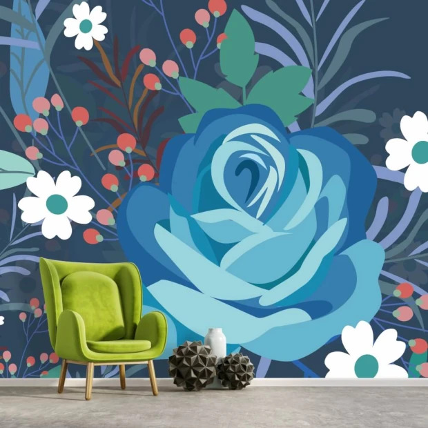 Floral Wallpaper 094 - Living room setup with dark walls and a green chair alongside decorative elements.