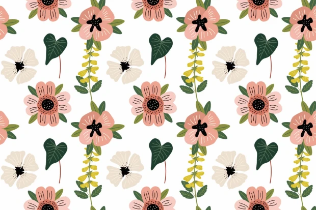 Floral Wallpaper 091 - Graphic design with pink and white flowers, green leaves, and a symmetrical layout.