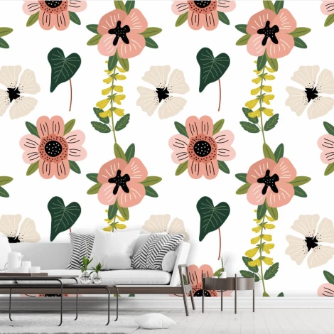 Floral Wallpaper 091 - Living room setup with light walls featuring plants and pastel-colored flowers.