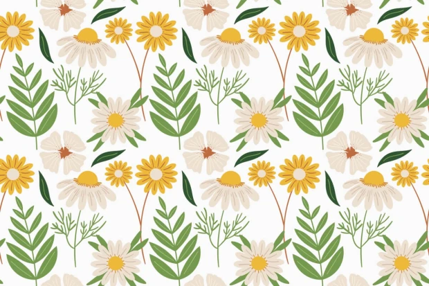Floral wallpaper 089 - Graphic design with yellow and white flowers, green leaves on a light background.