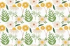 Floral wallpaper 089 - Graphic design with yellow and white flowers, green leaves on a light background.
