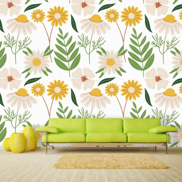 Floral and leaf wallpaper 089 - Living room setup with light walls, green sofa, and rug.
