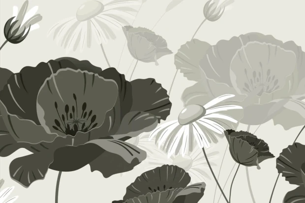 Floral wallpaper with poppies and daisies in shades of gray on a light background.