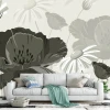 Floral wallpaper with poppies 085 - Styled in a living room with gray walls, light sofa, and colorful pillows.