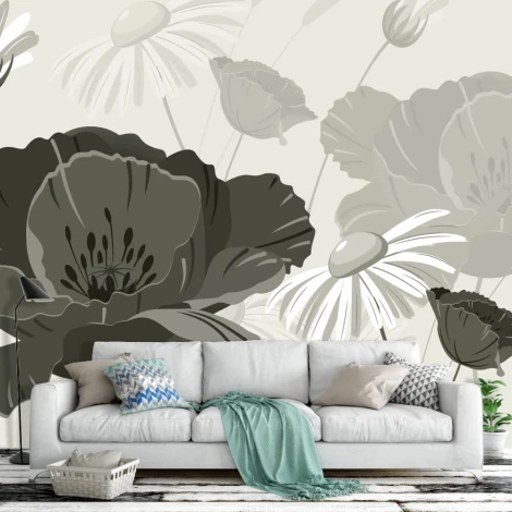 Floral wallpaper with poppies 085 - Styled in a living room with gray walls, light sofa, and colorful pillows.