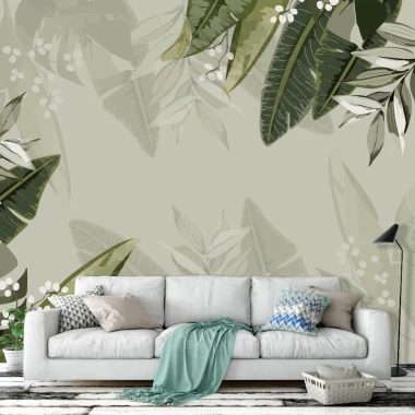 Leaf Wallpaper 097 - Living room setup with light-colored walls, a light sofa, and green leaves in the background.