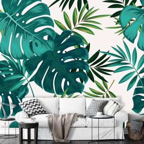 Monstera Leaves Wallpaper 092 - Living room decor with light walls and green leaves backdrop.
