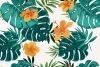 Monstera wallpaper, hibiscus 083 - Graphic design featuring green monstera leaves and hibiscus flowers.