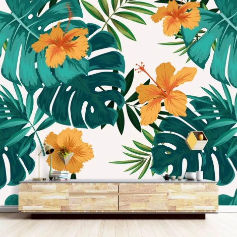 Monstera wallpaper, hibiscus 083 - Living room decor. Light walls with large botanical patterns.