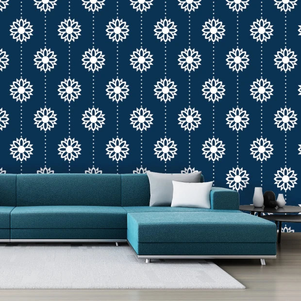 Ornament 099 Wallpaper - Living room setup with dark walls, blue sofa, and light rug.