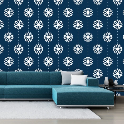 Ornament 099 Wallpaper - Living room setup with dark walls, blue sofa, and light rug.