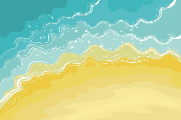 Beach wallpaper 086 - Graphic design with waves in shades of blue and yellow, featuring white lines.