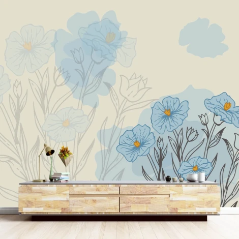Field Flowers Wallpaper 096 - Living room arrangement. Light walls with delicate blue flowers.