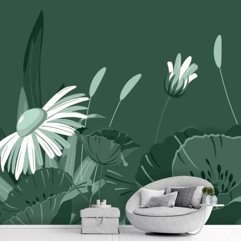 Daisy and poppy wallpaper 095 - Living room decor with dark walls and light-colored furniture.