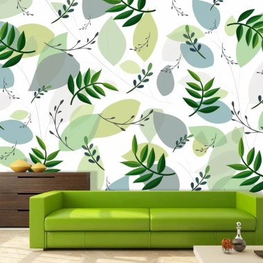 Green Leaves Wallpaper 090 - Living room decor with light-colored walls and green-toned furniture.