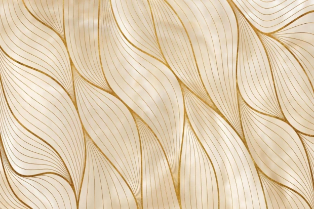Gold Leaves Wallpaper 098 - Graphic pattern with waves in gold and beige shades, featuring delicate lines for texture.