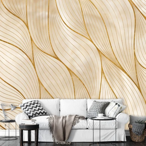 Gold Leaves Wallpaper 098 - Living room setup with light walls, white sofa, and black coffee table.