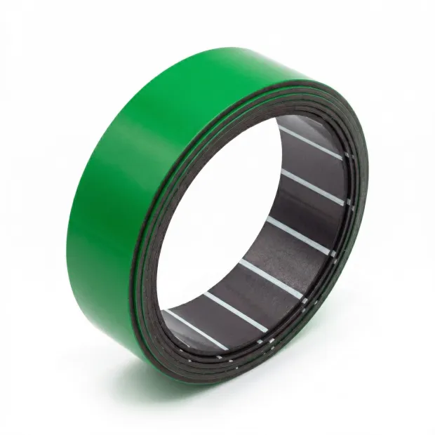 Magnetic tape 15mmx1m - Graphic design. Green tape with a black backing in a round shape.