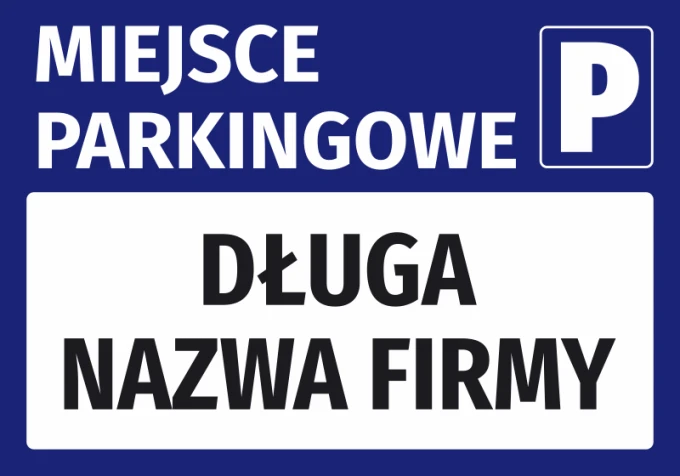 Parking space sticker with company name field - Graphic design. Blue background, white text, rectangular shape.