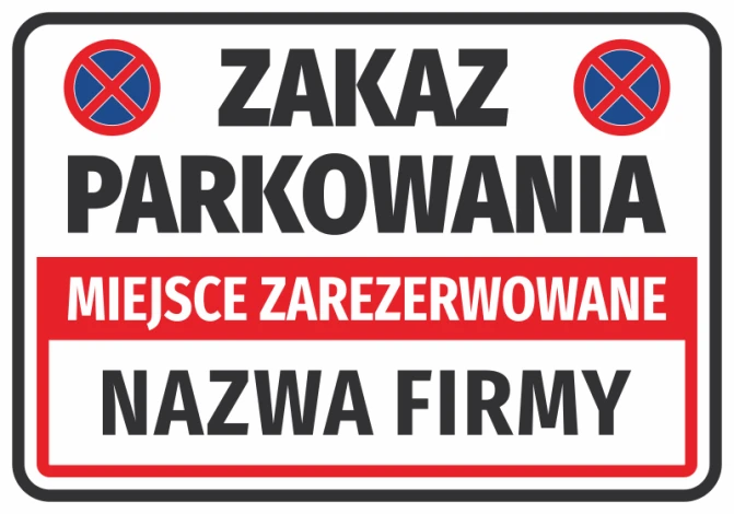 Reserved parking sticker N677 with space for company name - Graphic design. Rectangular with red accents.