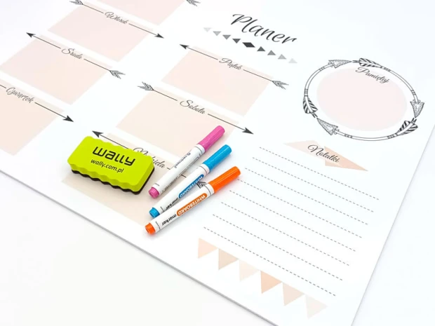 Weekly planner whiteboard 406 - Graphic design. Simple layout with fields for days of the week and arrows.