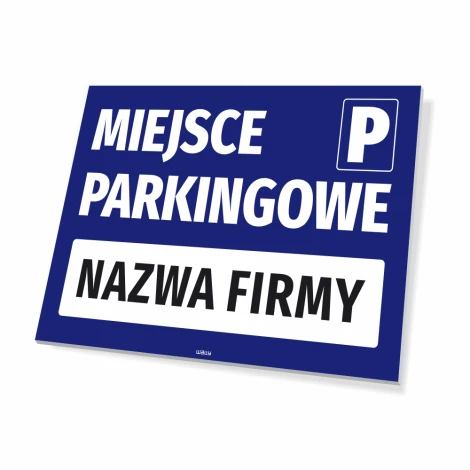 Parking sign with space for company name - Graphic design. Blue background with white letters and P symbol.