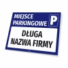 Parking sign with space for company name - Graphic design. Blue background with white text and large letter P.