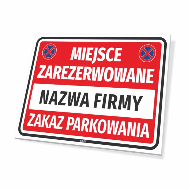 Reserved parking sign T675 with space for company name - Graphic design. Red background with white text.