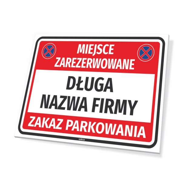 Reserved parking sign T675 with space for company name - Graphic design. Red background with white text.