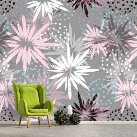 Abstract Decor Wallpaper 0120 - Living room arrangement. Gray walls with colorful geometric shapes.