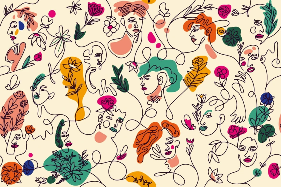 Abstract Faces Wallpaper 0107 - Graphic pattern with lines forming faces and flowers in various colors.