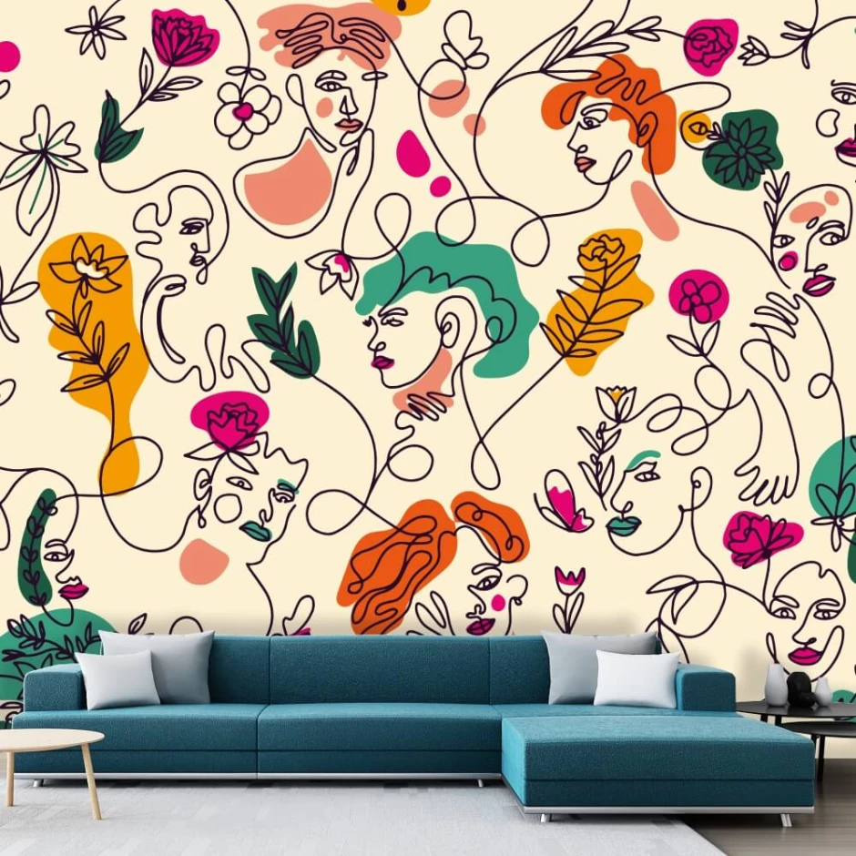 Abstract Faces Wallpaper 0107 - Living room setup with light-colored walls and modern blue furniture.
