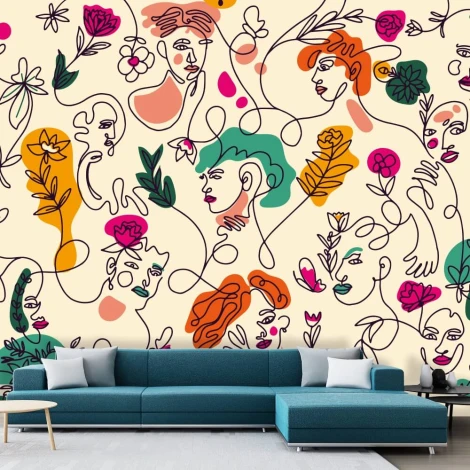 Abstract Faces Wallpaper 0107 - Living room setup with light-colored walls and modern blue furniture.